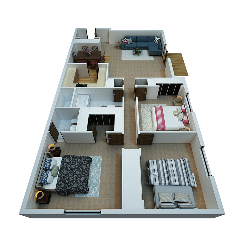 Floor plan for 3 beds, 2 baths, 1176 sqft